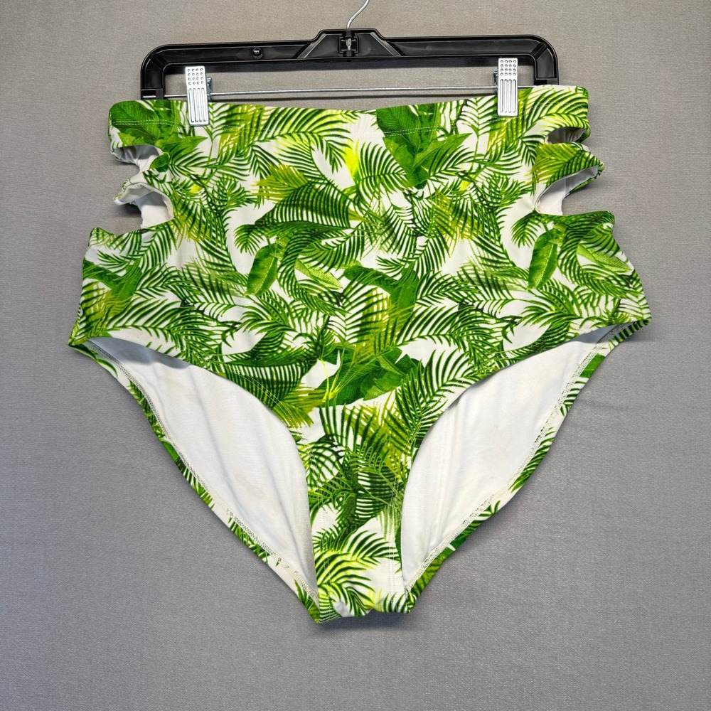 Tropical Swim Bottoms Womens 2X Green White Palm Cut Out High Waist Floral